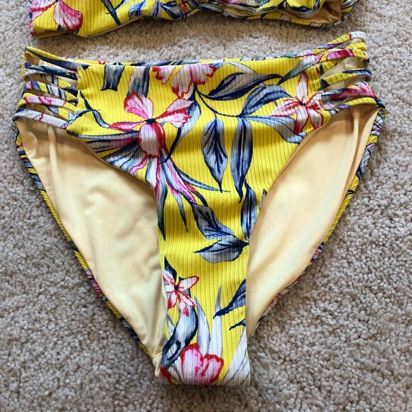 Women's Yellow Blue Floral Adjustabel Padded Top High Waisted Cheeky Bikini - Picture 7 of 14